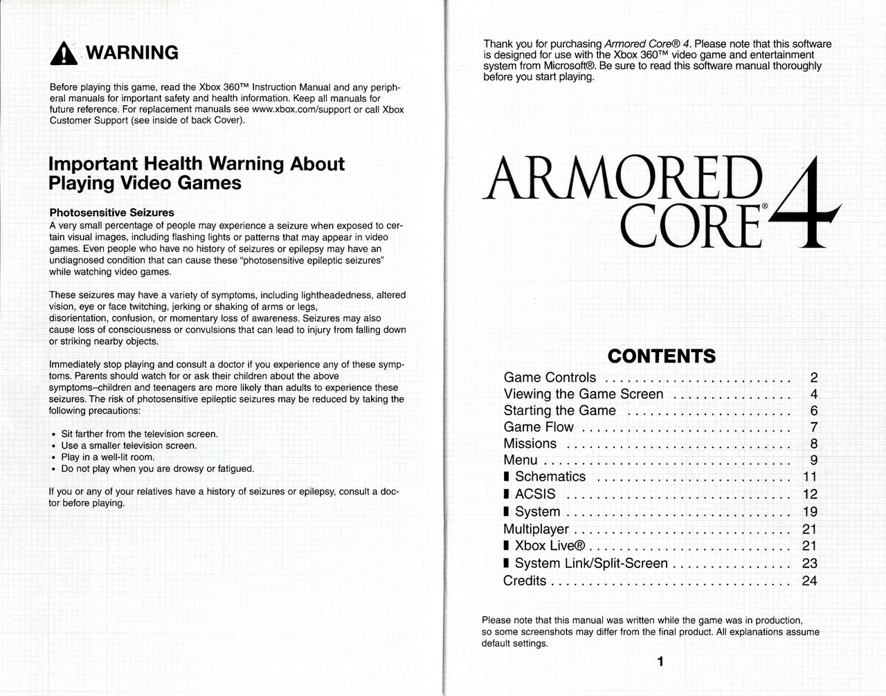 Armored Core 4 (Xbox 360) Game Manual 1