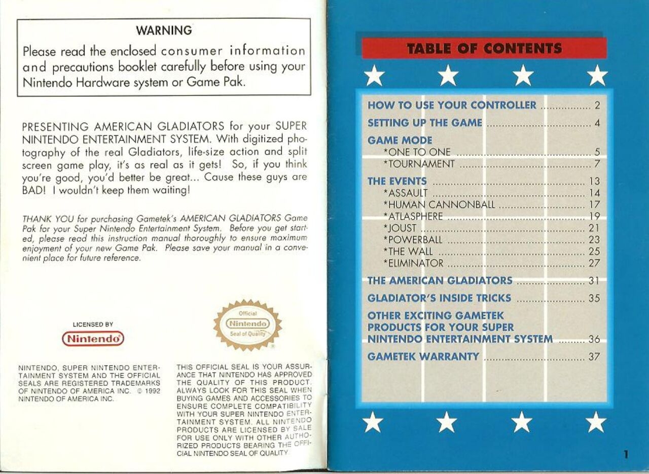 American Gladiators (1992) - SNES Manual 1