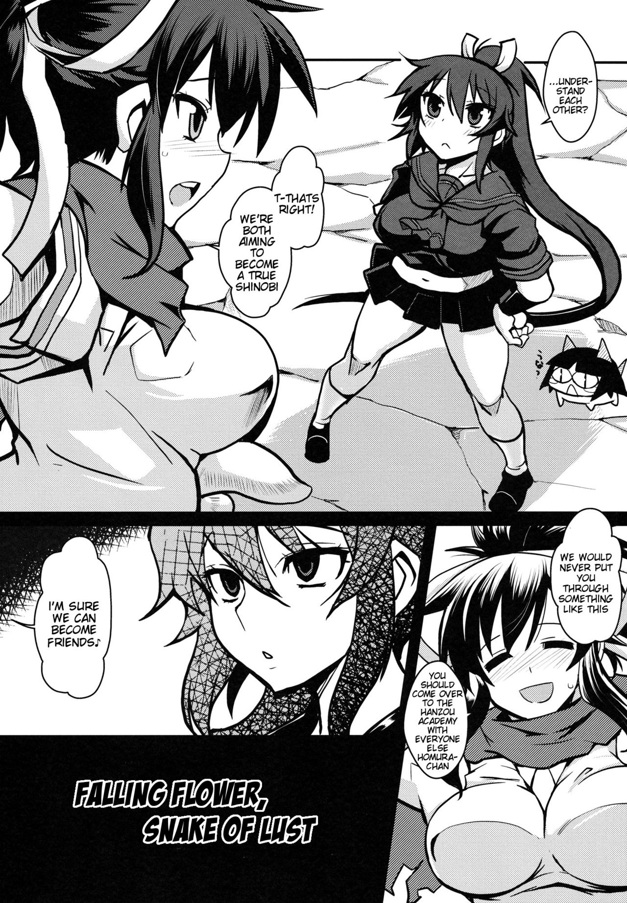 (C81) [YOMOTHUHIRASAKA (bbsacon)] Ochiru Hana Inyoku no Hebi | Falling Flower, Snake of Lust (Senran Kagura) [English] {doujin-moe.us} 4